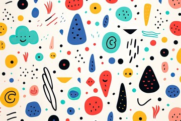 Children's cartoon abstract minimalist backdrop doodle drawing with lines and geometric shapes. Fun, trendy colorful simple background, wallpaper texture design for kids, vector. Generative AI, AI