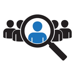 Search job vacancy icon. Symbol of finding a job to do business, Loupe career vector illustration on isolated background. Find people employer business concept. - obrazy, fototapety, plakaty