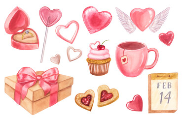 Pink set All about valentine's day: love, hearts, gift, ring, beads. Hand drawn watercolor illustration isolated on white background. For printing postcards, stickers