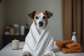Dog or puppy at spa procedures at beauty salon. Dog in towel after bath, haircut grooming, massage and manicure, with bottles and jars of pet cosmetics. - obrazy, fototapety, plakaty