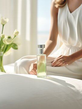 Product close-up, 1 bottle of white perfume on the coffee table in the living room, there is a woman in white sitting on the sofa in the distance, white and light green style background