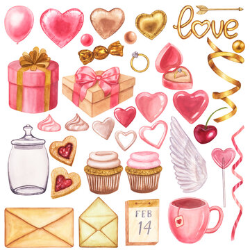 Pink set All about valentine's day: text Balloon-Love, hearts, gift, ring, beads. Hand drawn watercolor illustration isolated on white background. For printing postcards, stickers