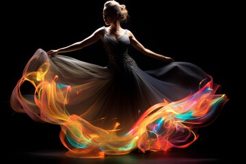 A woman in a long flowing dress is dancing light painted motion trail lines as she moves across the floor, long exposure, glittering, sparkling dress, elegant luxurious patterns. Long Exposure
