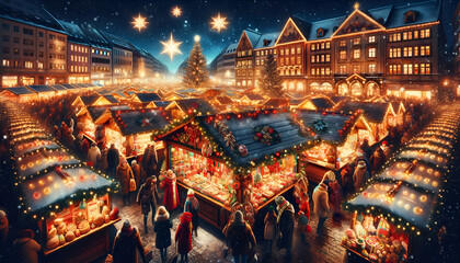 A vivid and high-resolution image of a festive Christmas market at night bustling with activity.