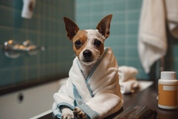 Dog or puppy at spa procedures at beauty salon. Dog in towel after bath, haircut grooming, massage and manicure, with bottles and jars of pet cosmetics. - obrazy, fototapety, plakaty