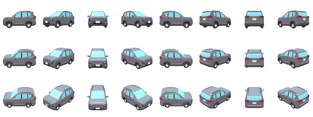 自動車のイラスト素材　デフォルメ　SUV　グレー　24点セット