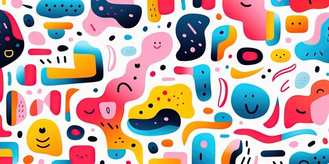 Fototapeta premium Children's cartoon abstract minimalist backdrop doodle drawing with lines and geometric shapes. Fun, trendy colorful simple background, wallpaper texture design for kids, vector. Generative AI, AI