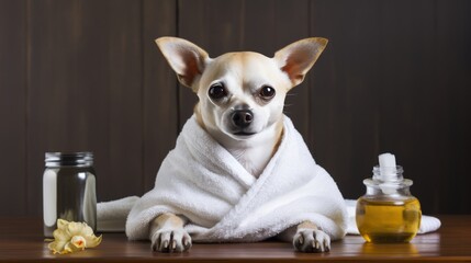 Dog or puppy at spa procedures at beauty salon. Dog in towel after bath, haircut grooming, massage and manicure, with bottles and jars of pet cosmetics.