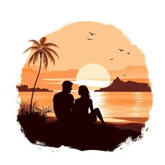 Simple boho style illustration of a silhouette of a young couple relaxing on a beach with white background