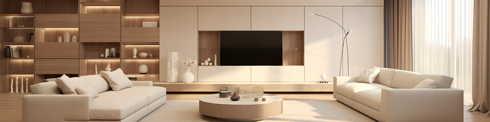 The interior is in a modern style in beige and calm shades