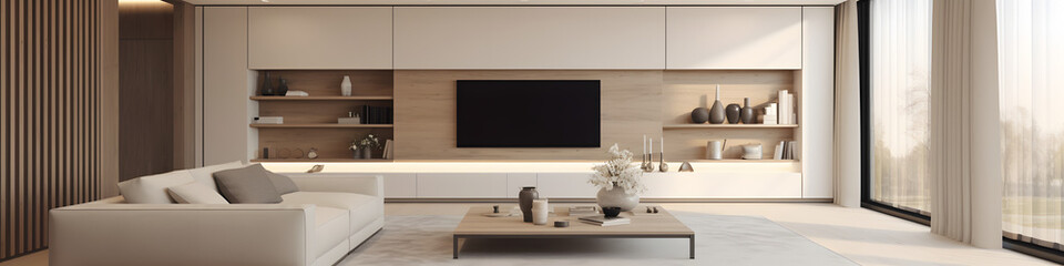 The interior is in a modern style in beige and calm shades