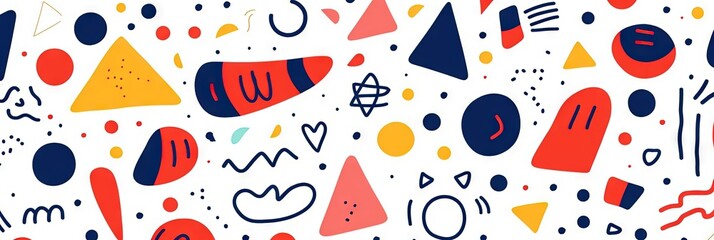 Children's cartoon abstract minimalist backdrop doodle drawing with lines and geometric shapes. Fun and trendy colorful simple background, wallpaper texture design for kids, vector. Generative AI, AI
