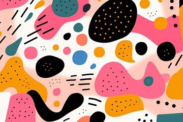 Children's cartoon abstract minimalist backdrop doodle drawing with lines and geometric shapes. Fun and trendy colorful simple background, wallpaper texture design for kids, vector. Generative AI, AI