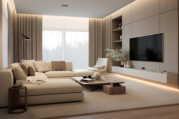 The interior is in a modern style in beige and calm shades