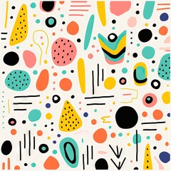 Children's cartoon abstract minimalist backdrop doodle drawing with lines and geometric shapes. Fun and trendy colorful simple background, wallpaper texture design for kids, vector. Generative AI, AI