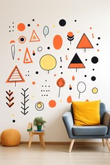 Children's cartoon abstract minimalist backdrop doodle drawing with lines and geometric shapes. Fun and trendy colorful simple background, wallpaper texture design for kids, vector. Generative AI, AI