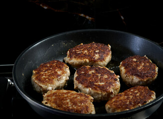 meat cutlets fried in a frying pan