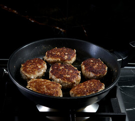meat cutlets fried in a frying pan