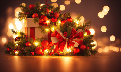 Fototapeta na wymiar Christmas tree and gift boxes, beautiful Christmas decorations, Generative Ai