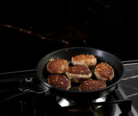 meat cutlets fried in a frying pan