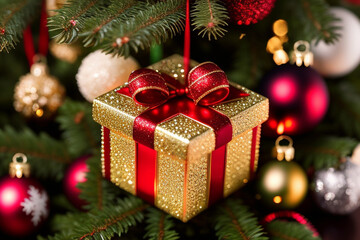 Small gift box decoration hanging on Christmas tree, Generative Ai