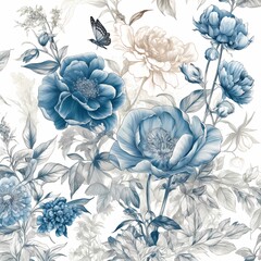 Chinoiserie botanical skecth with bird in  blue super detailed classic painting style