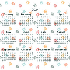 Fototapeta na wymiar Cute calendar for 2024. Paws.