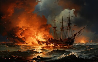 Obraz premium sailing ship in the sea in fire 