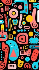 Obraz premium Children's cartoon abstract minimalist doodle drawing with lines and geometric shapes. Fun, cute and trendy colorful simple background, wallpaper texture design for kids, vector. Generative AI, AI