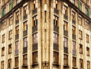 Fachada de prédio com linhas, janelas, vidraças , formas geométricas e sacadas. Centro de São  Paulo, Brasil.