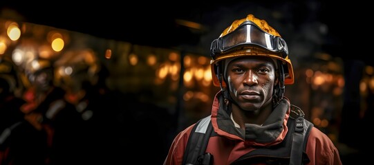AI illustration of a serious and determined fireman on a dimly lit train platform at night - obrazy, fototapety, plakaty