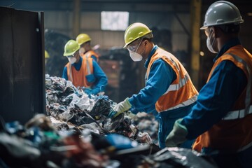 Garbage collection employees sorting the garbage at a recycling center Generative Ai - obrazy, fototapety, plakaty