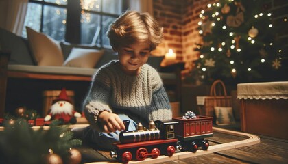 AI illustration of a child happily playing with a toy train in front of a Christmas tree - obrazy, fototapety, plakaty