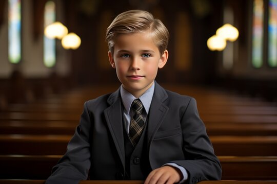 Photo of a boy in a suit receiving Holy attending Sunday service at a christian church Generative Ai
