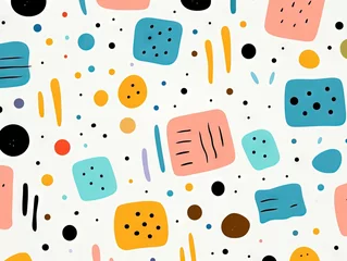 Muurstickers A fun, adorable children's cartoon abstract minimalist doodle drawing with lines and geometric shapes. Trendy colorful simple background, wallpaper texture design for kids, vector. Generative AI, AI © Merilno