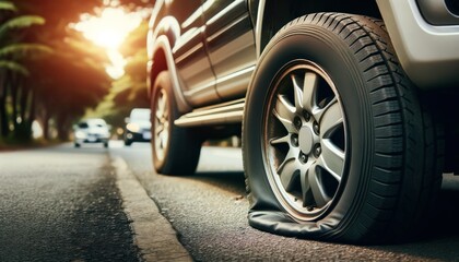 Close-up image of a car wheel on the ground with a flat or damaged tire, symbolizing a vehicle breakdown and the need for repair
