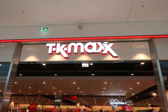 T.K. MAXX (TK Maxx) clothing store signage, logo at Posnania shopping mall. POZNAN, POLAND - JULY 19, 2023