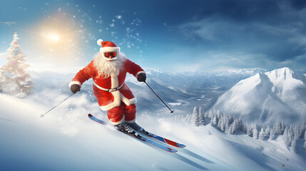 Santa Claus is skiing  - obrazy, fototapety, plakaty