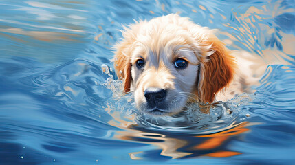Gentle wave, puppy dips in the water, creating abstract patterns Ai Generative