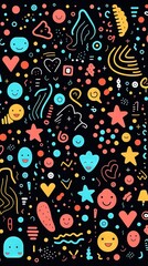 Naklejka premium A fun, cute children's cartoon abstract minimalist doodle drawing with lines and geometric shapes. Trendy colorful simple background, wallpaper texture design for kids, vector. Generative AI, AI