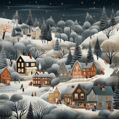 Whimsical illustrations of snowy landscapes, charming villages, and cozy winter scenes