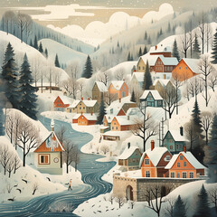 Whimsical illustrations of snowy landscapes, charming villages, and cozy winter scenes