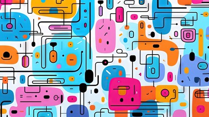 Fototapeta premium A Cute, fun children's cartoon abstract minimalist doodle drawing with lines and geometric shapes. Trendy colorful simple background, wallpaper texture design for kids, vector. Generative AI, AI