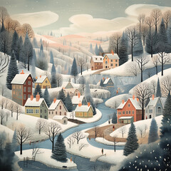 Whimsical illustrations of snowy landscapes, charming villages, and cozy winter scenes