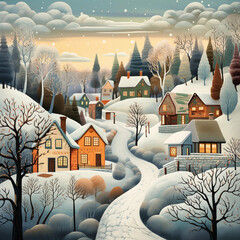 Whimsical illustrations of snowy landscapes, charming villages, and cozy winter scenes