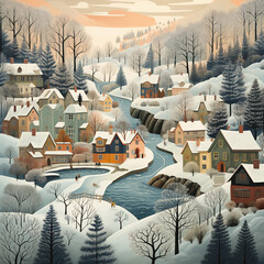 Whimsical illustrations of snowy landscapes, charming villages, and cozy winter scenes