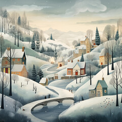 Whimsical illustrations of snowy landscapes, charming villages, and cozy winter scenes