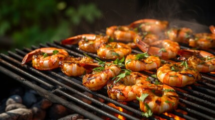 Shrimp on the grill. Grilling tasty shrimp with herbs and lemon. Recipe. Seafood - obrazy, fototapety, plakaty