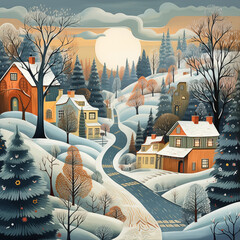 Whimsical illustrations of snowy landscapes, charming villages, and cozy winter scenes