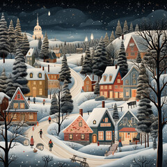 Whimsical illustrations of snowy landscapes, charming villages, and cozy winter scenes